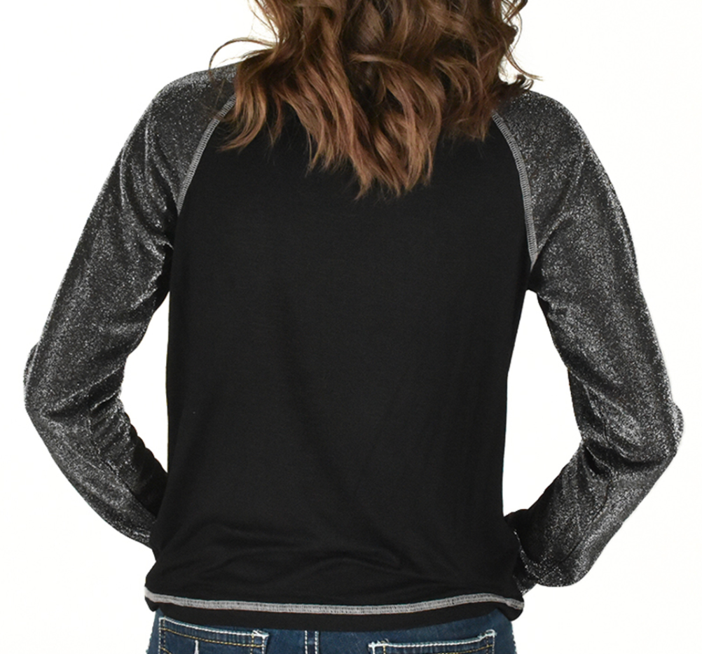 Long Sleeve Tee with Never Give Up Embroidery (Black Lightweight Slub with silver Shimmer Breathe Sleeves )