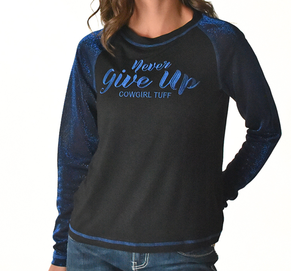 LS Tee With Never Give Up Embroidery( Black Lightweight Slub with Blue Shimmer Breathe Sleeves)