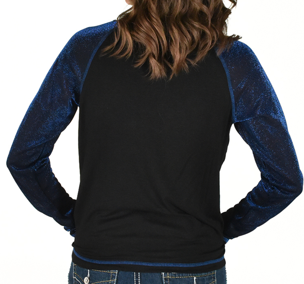 LS Tee With Never Give Up Embroidery( Black Lightweight Slub with Blue Shimmer Breathe Sleeves)