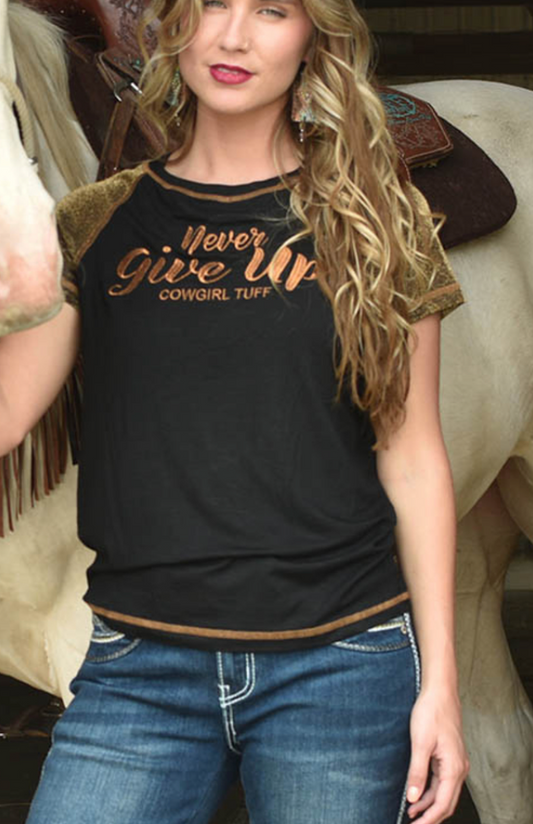 Cowgirl Tuff Tee with Never Give up Embroidery (Black Lightweight Slub with Copper Shimmer Breathe Sleeves)