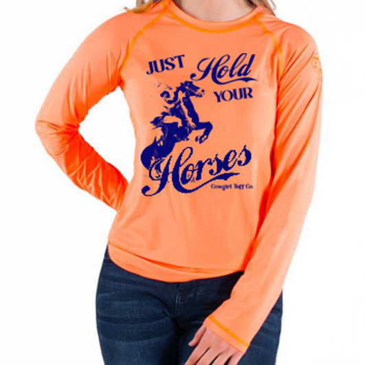 Cowgirl Tuff LS Breathe Tee- hold Your Horses (Tangerine with indigo print )