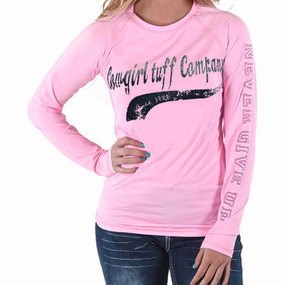 Cowgirl Tuff LS Breathe Tee-Cowgirl Tuff Athletic Design (Pink with Gray Print)