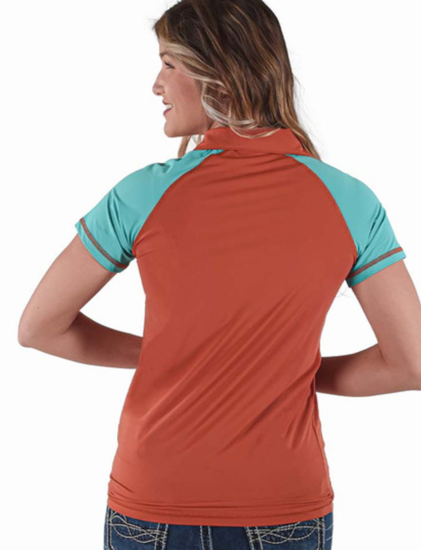 Breathe Instant Cooling UPF Quarter zip short sleeve tee Rust with Turquoise