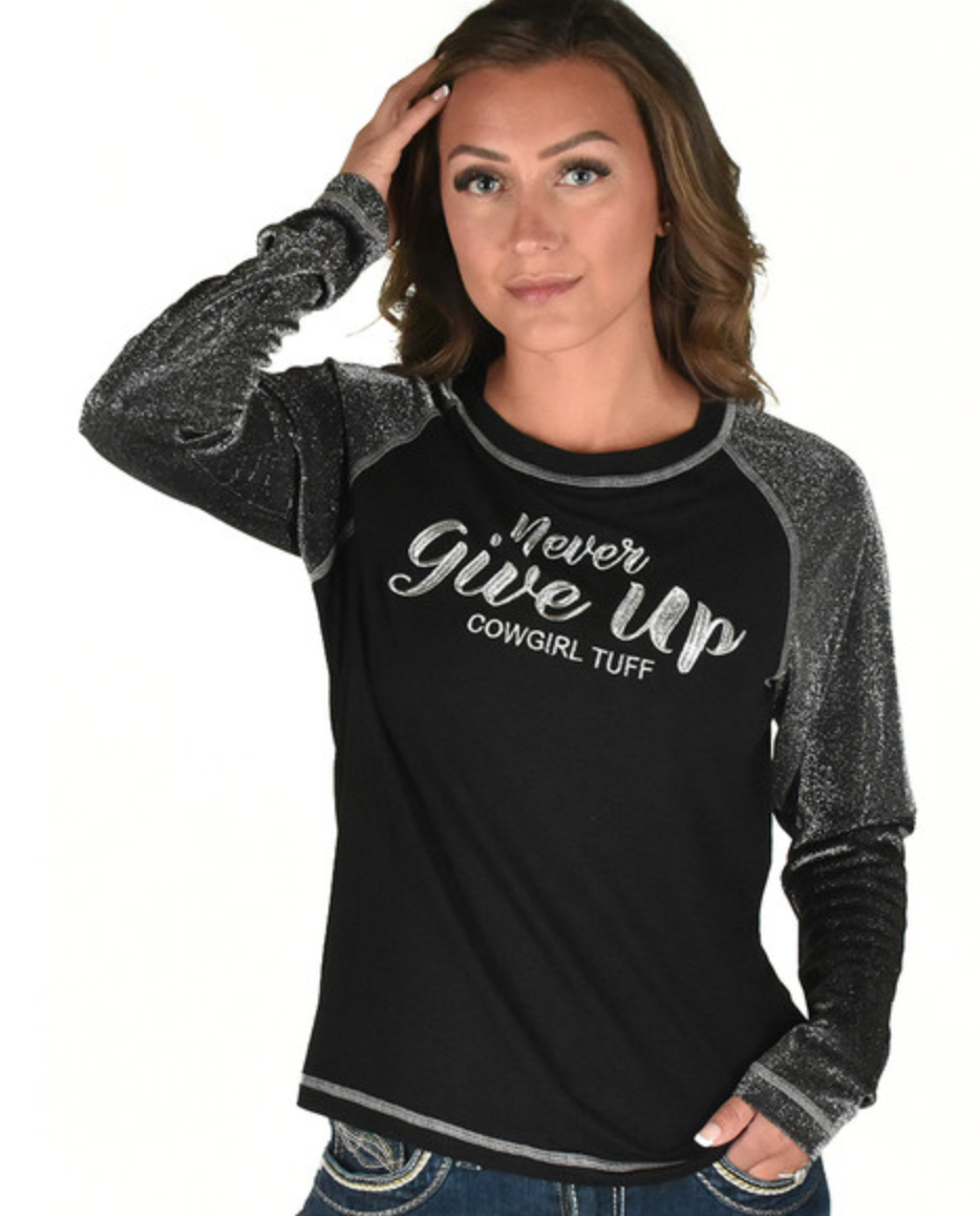 LS Tee with Never Give Up Embroidery (Black Lightweight Slub with Silver Shimmer Breathe Sleeves)