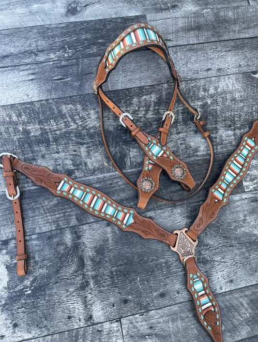 Teal Serape Headstall and Breast Collar Set