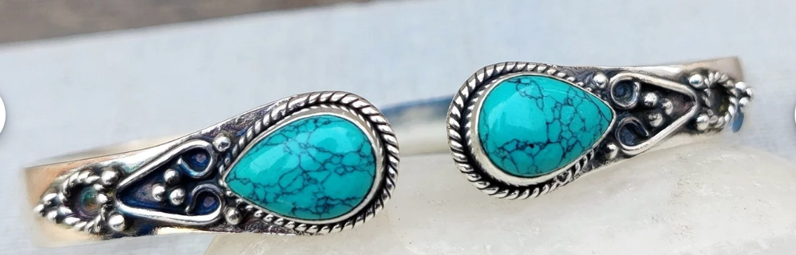 Blue Turquoise Bangle Adjustable 925 Silver