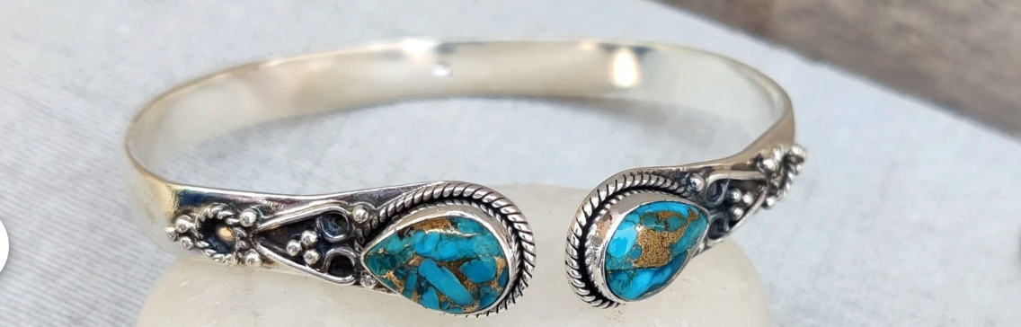 Blue Copper Turquoise Bracelet Adjustable 925 Silver