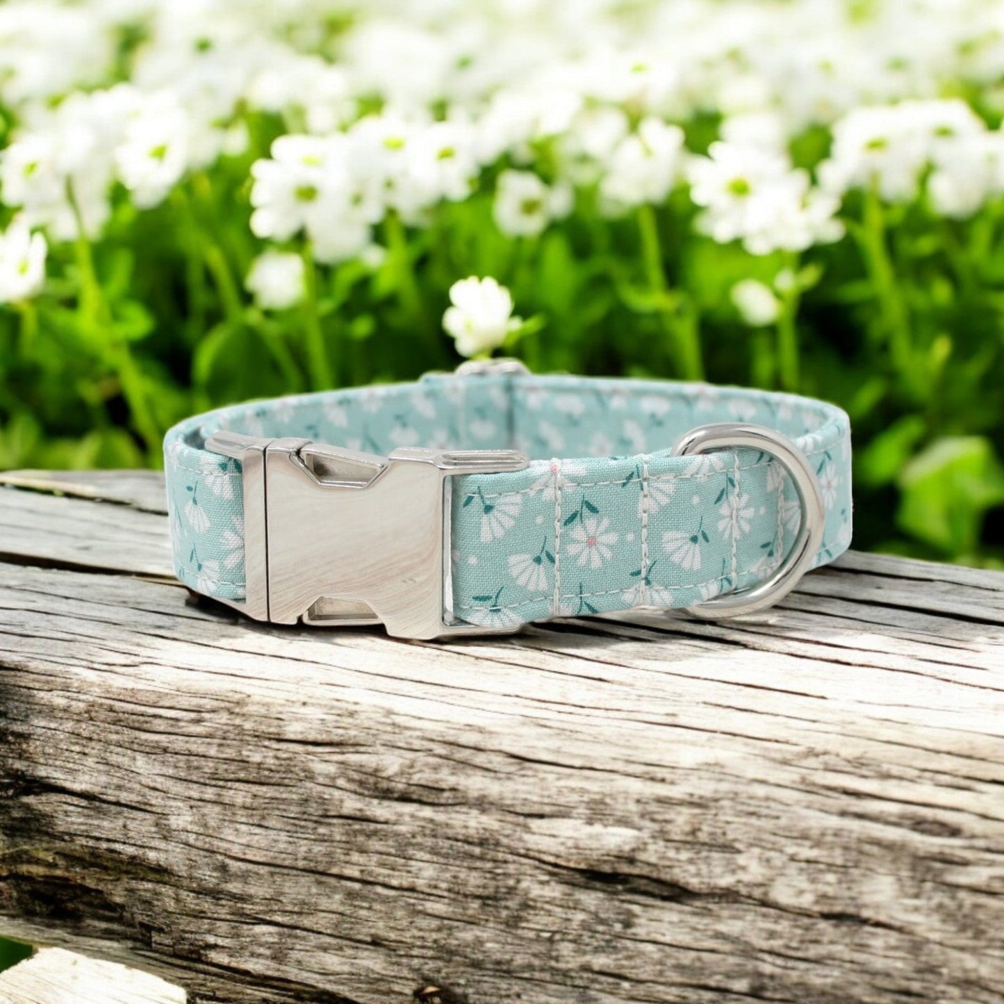 Teal and White Flowers Dog Collar