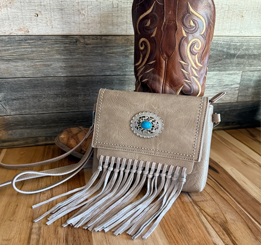 Genuine Leather Fringe Crossbody with Silver and Turquoise Concho Handbag