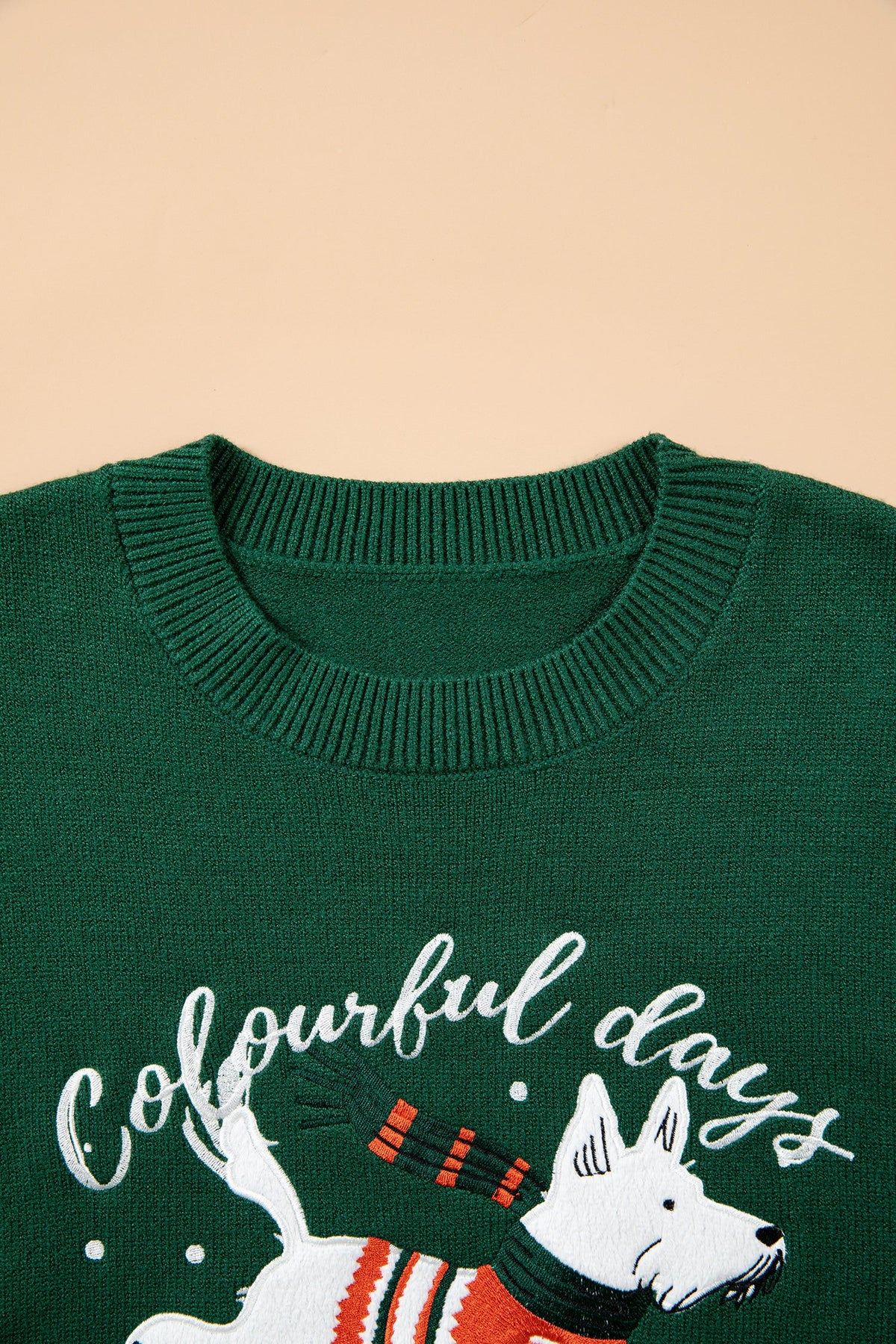 Christmas Dog Embroidered Round Neck Sweater