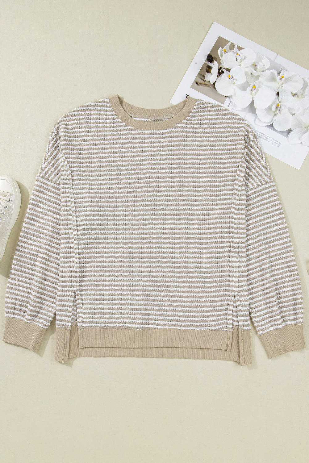Plus Size Stripe Knit Ribbed Long Sleeve Top