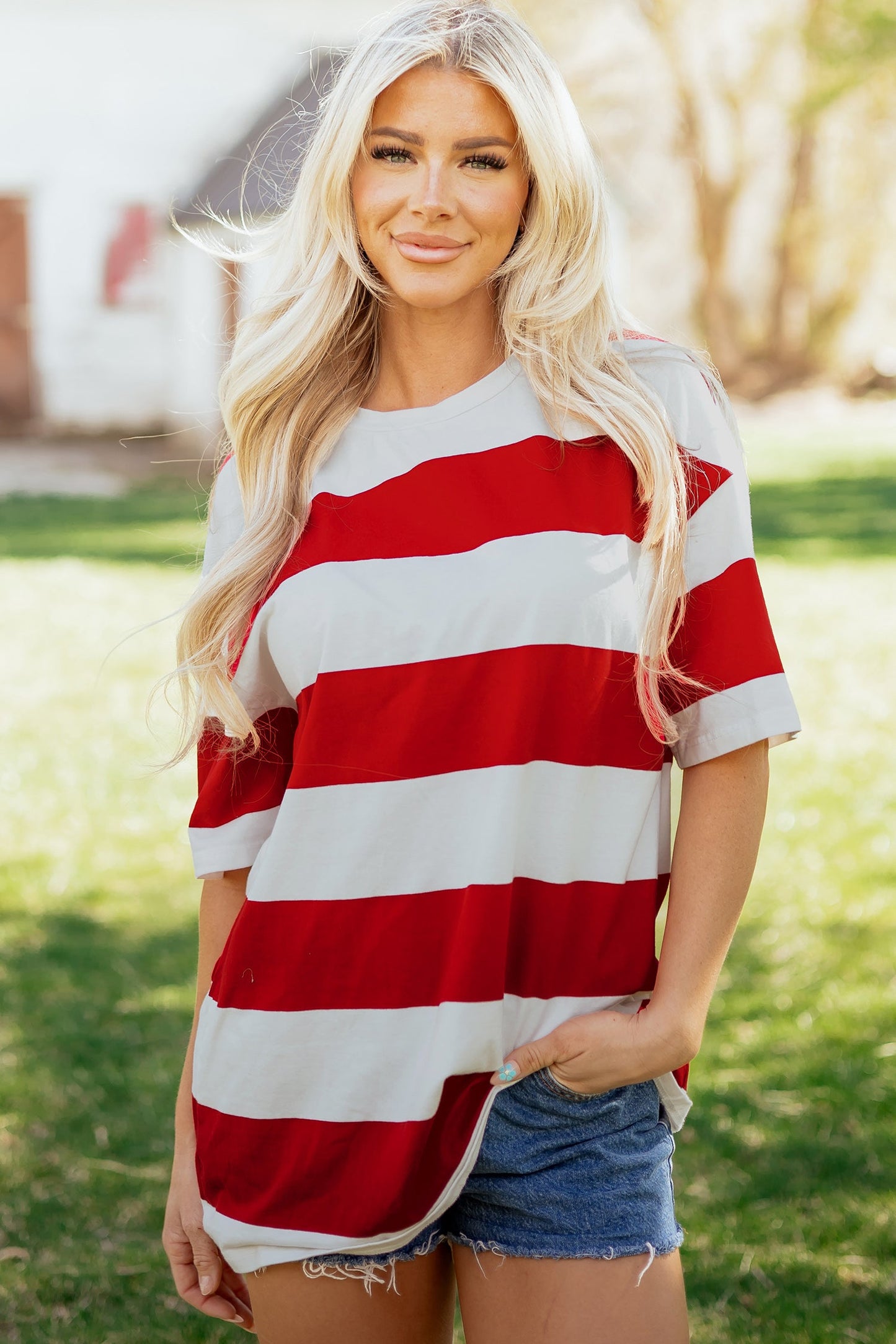 Stripe Colorblock Short Sleeve Oversize Tunic Tee
