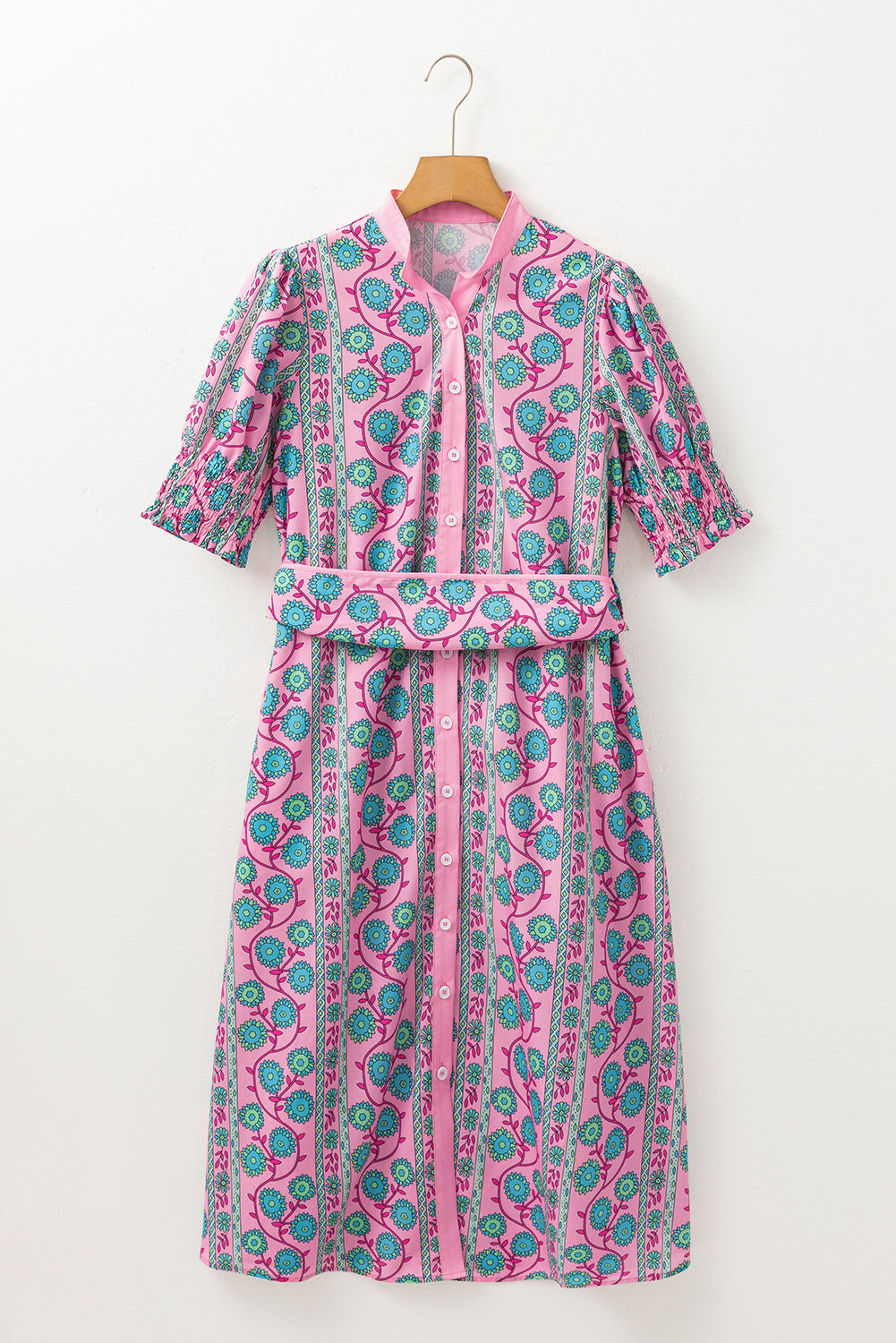 Floral Puff Sleeve Button Front Belted Midi Dress