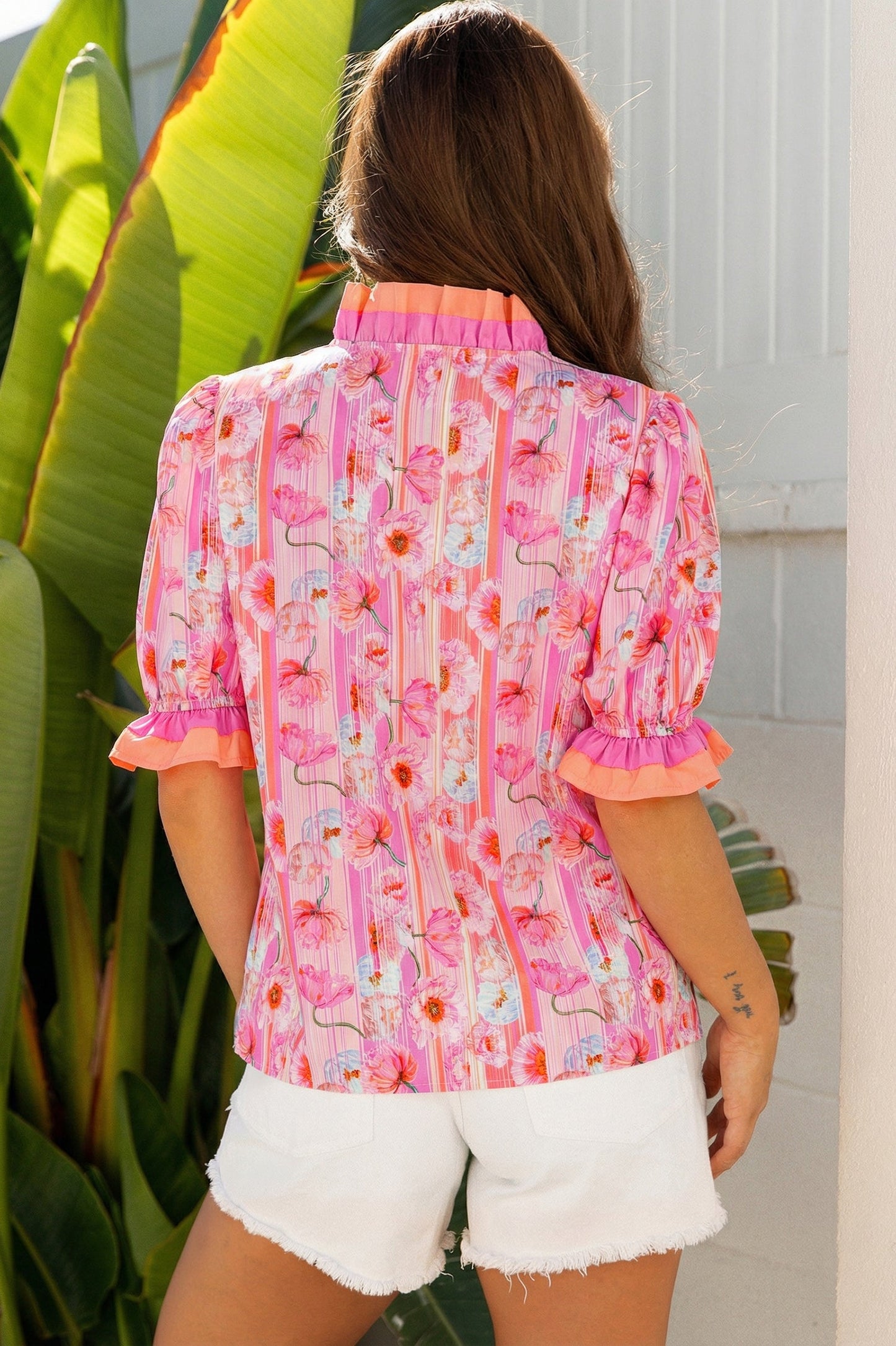 Floral Poppy Stripe Colorblock V-Neck Short-Sleeve Blouse