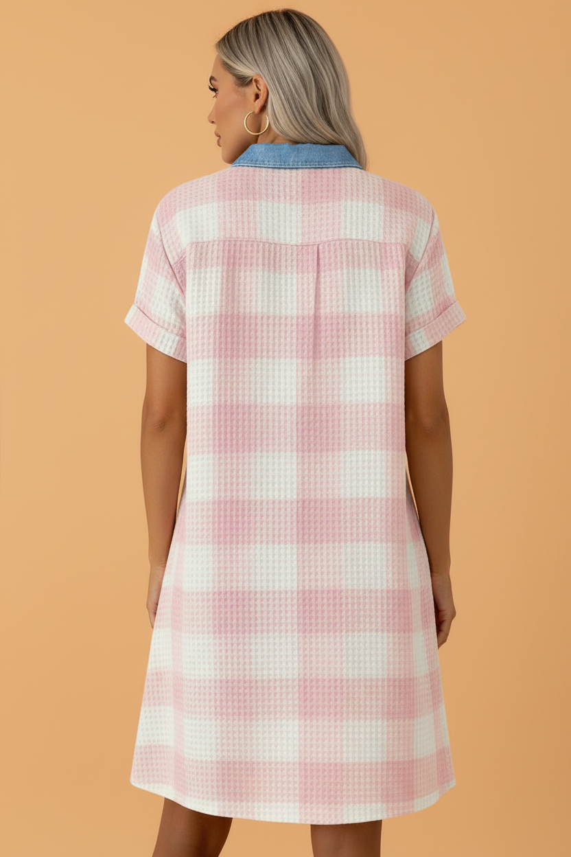 Plaid Contrast Denim Collared T-Shirt Mini Dress