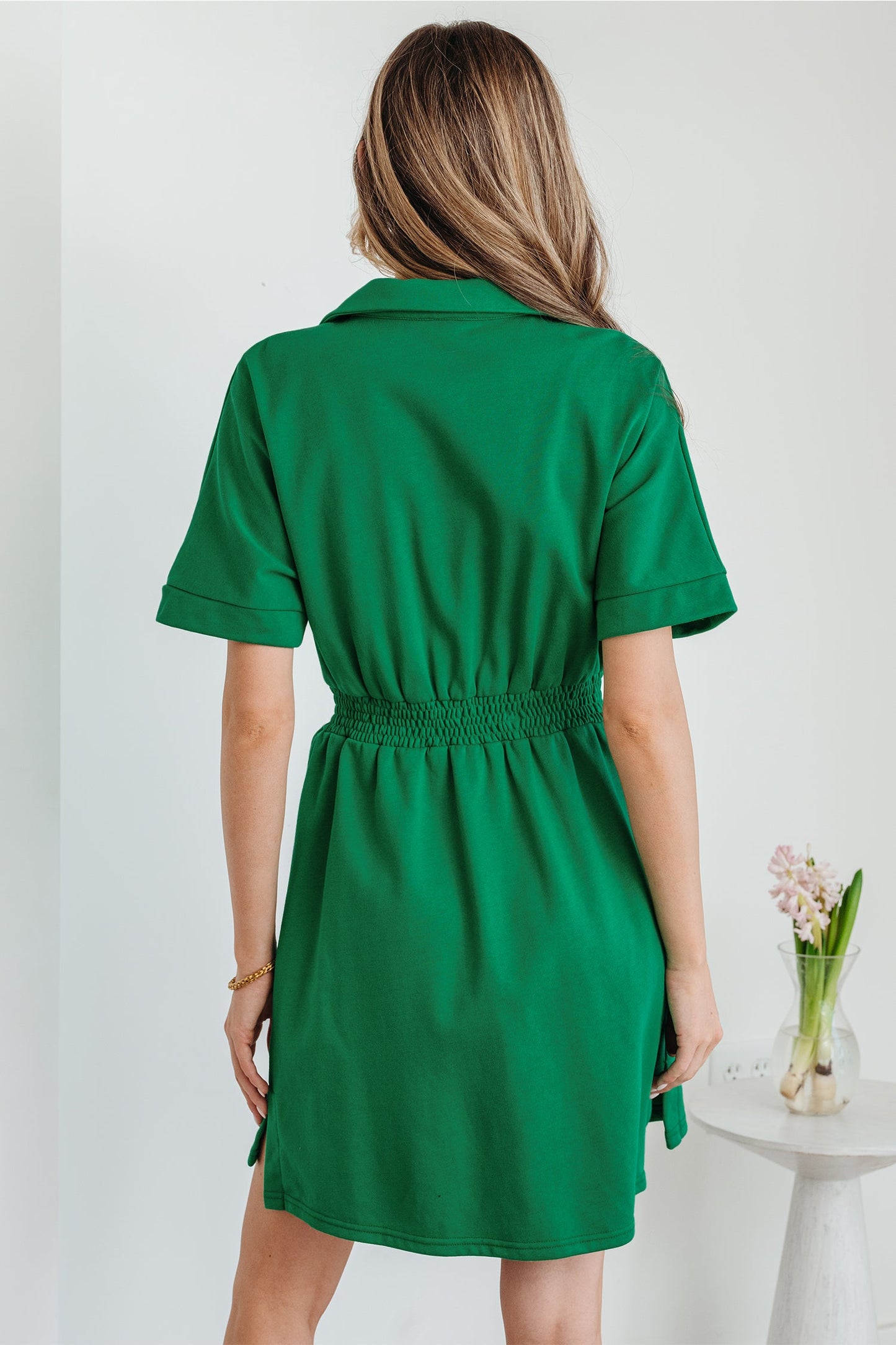 Geometric Patchwork Half-Zip Elastic Waist Dress
