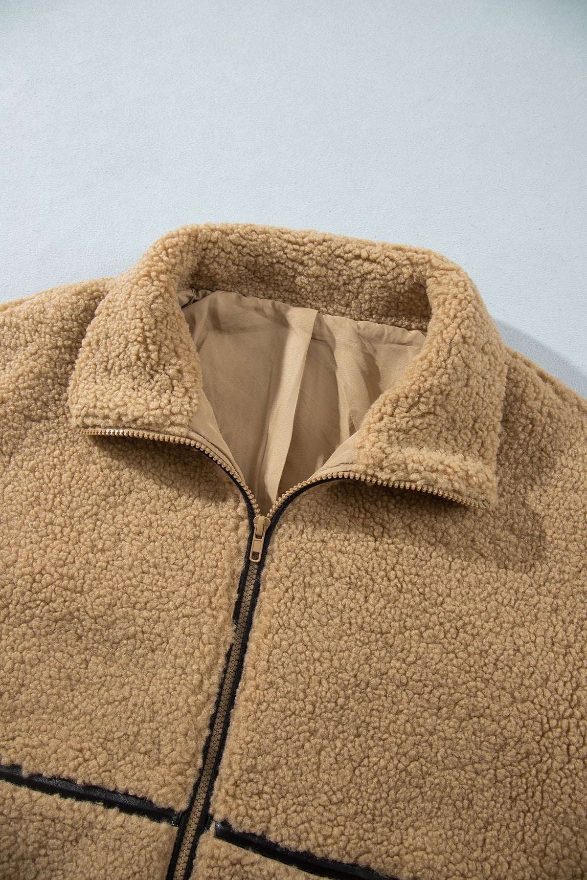 Solid Fleece Standing Collar Zip Up Jacket