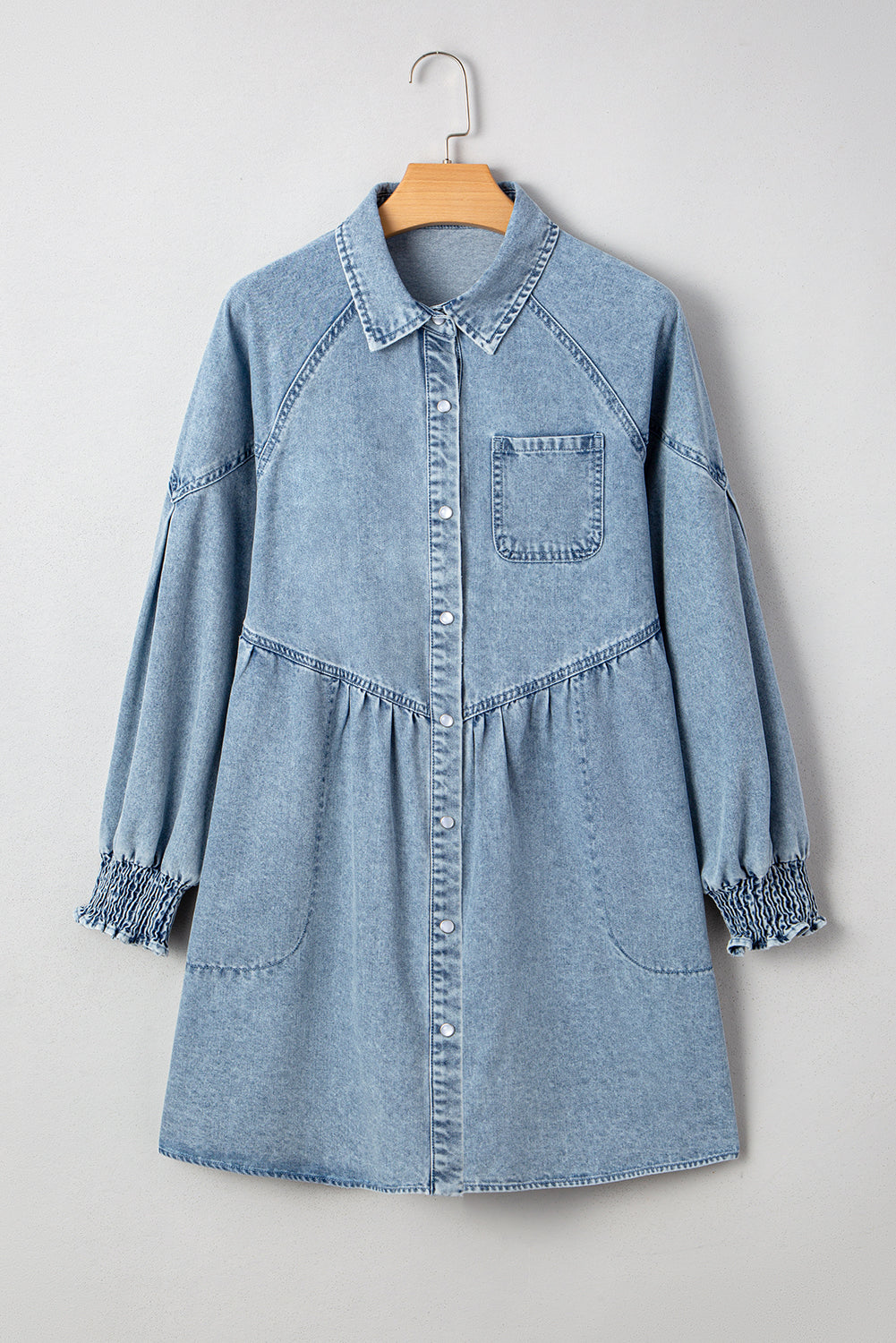Denim Smocked Cuffs Shirt Mini Dress