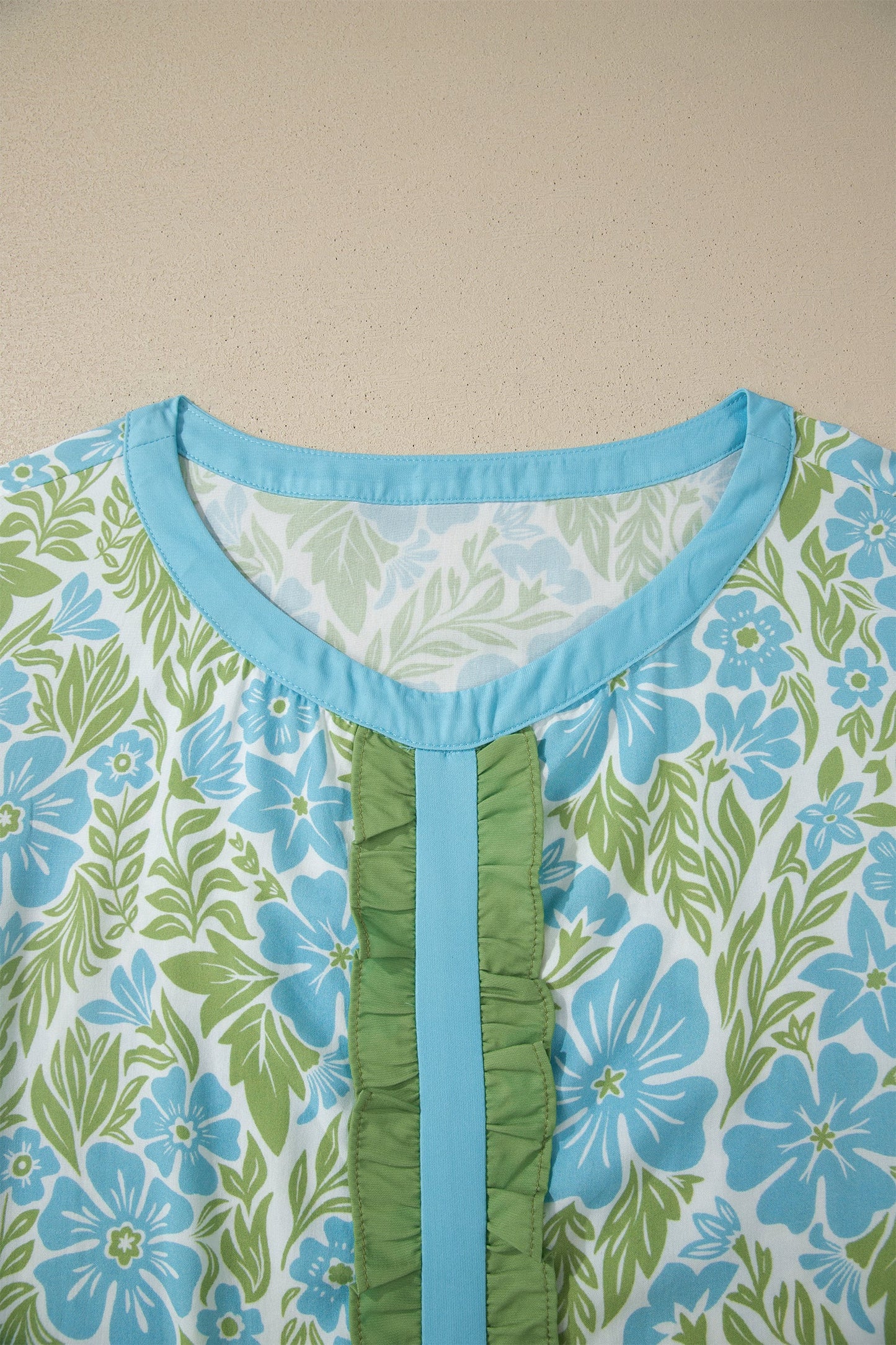 Floral Ruffle Colorblock Trim Short Sleeve Blouse