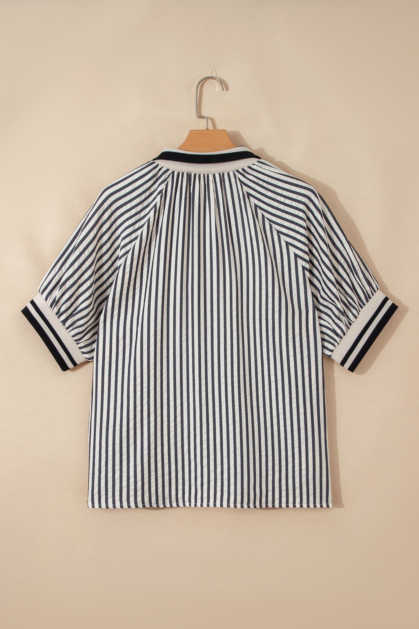 Stripe Polo Collar Half Zip Puff Sleeve Blouse