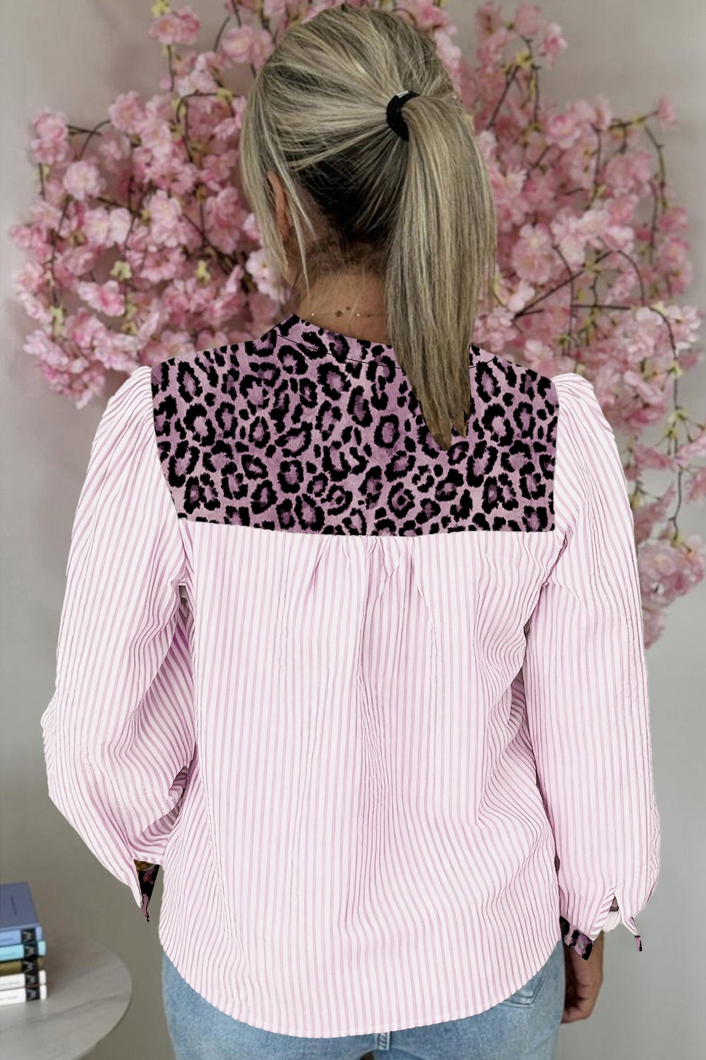 Stripe Leopard Patchwork Long Sleeve Shirt