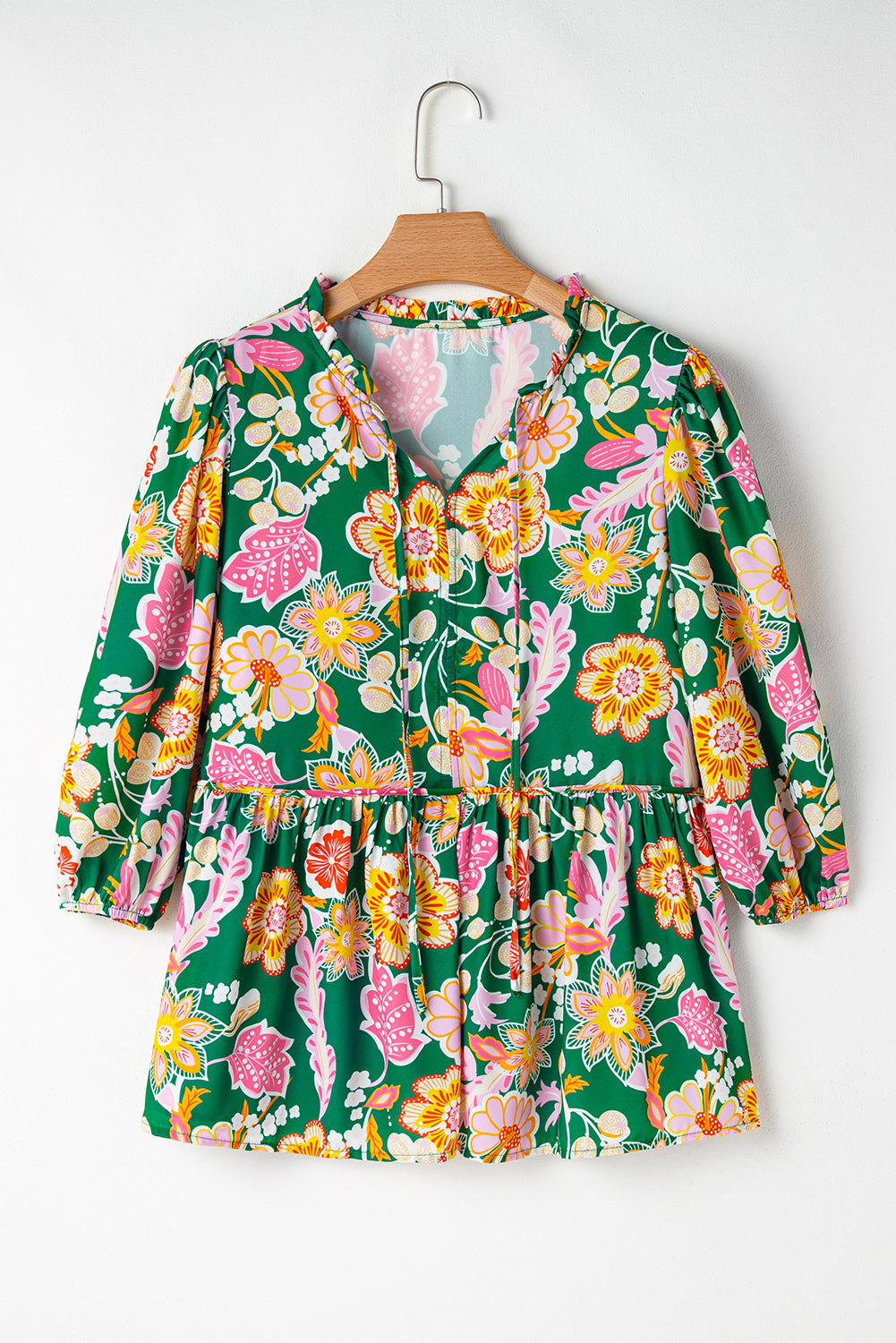 Floral Puff Sleeve V-Neck Peplum Blouse