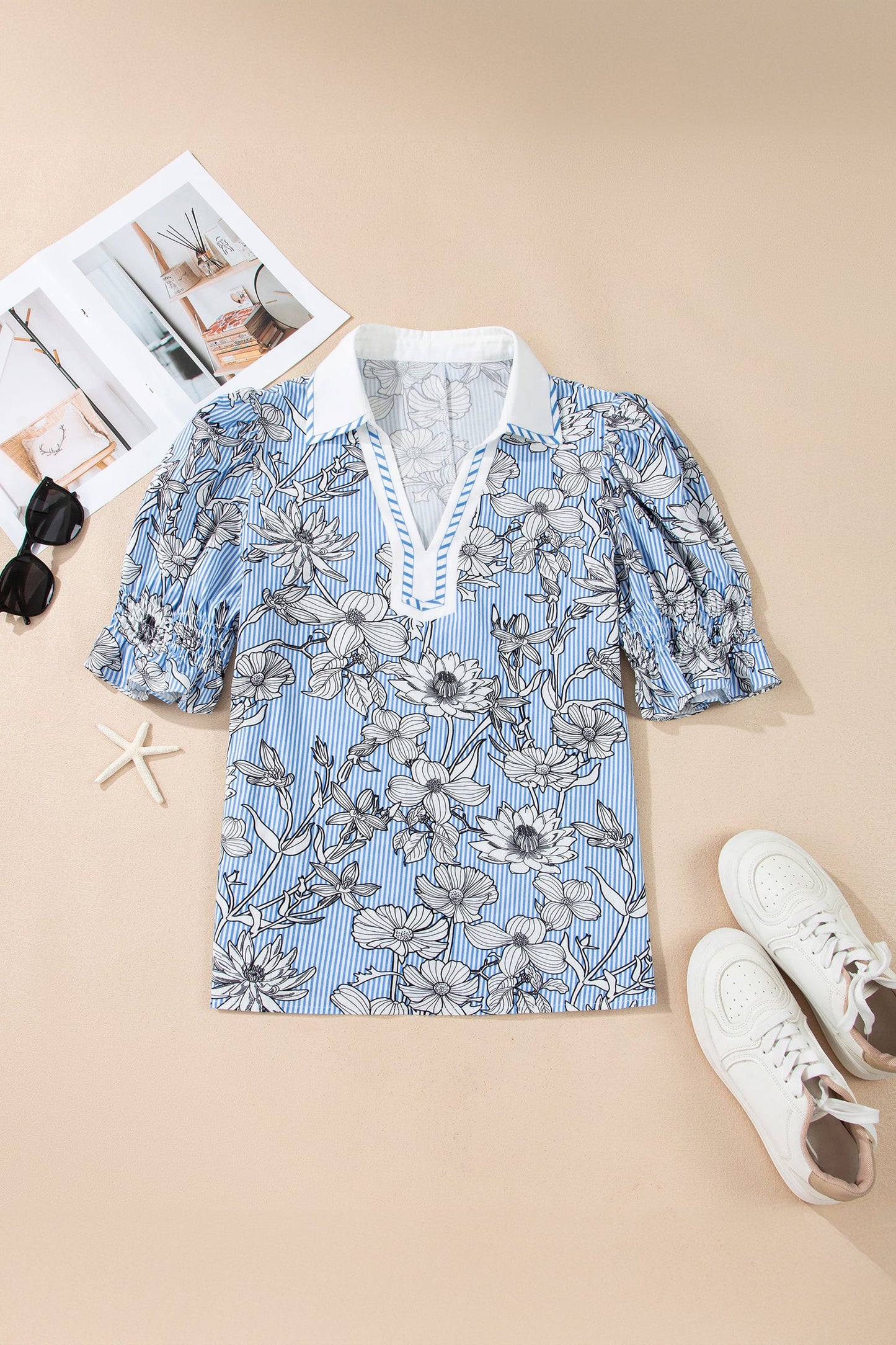 Floral Stripe Polo Collar Short Sleeve Blouse
