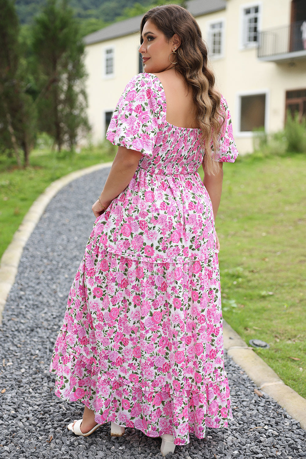 Plus Size Floral Smocked Puff Sleeve Dress