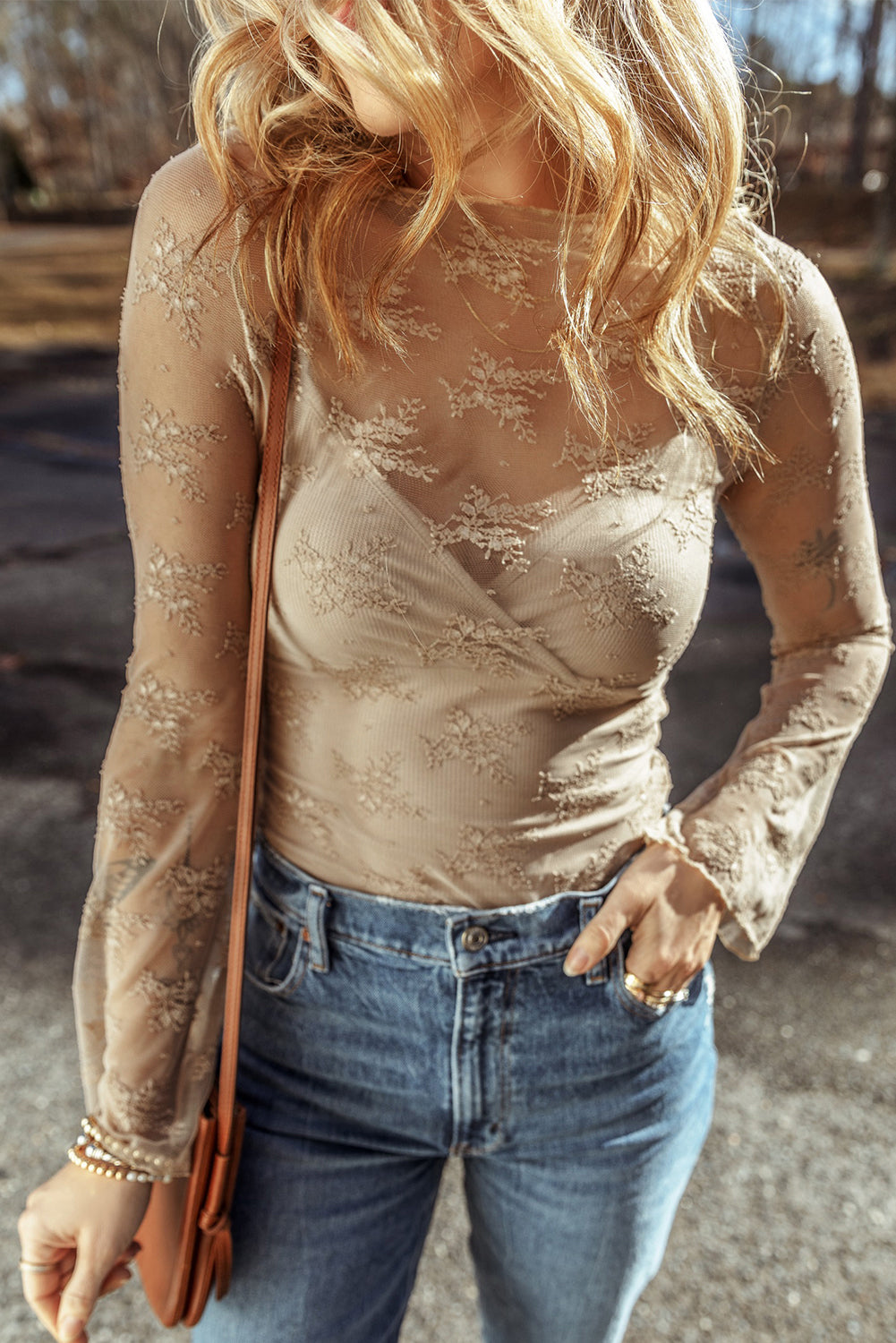 Lace Mesh Sheer Long Sleeve Blouse