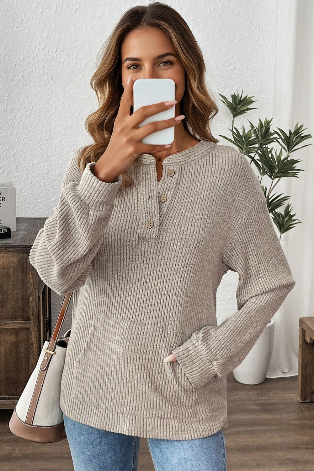 Solid Ribbed Knit Textured Drop Shoulder Henley Top