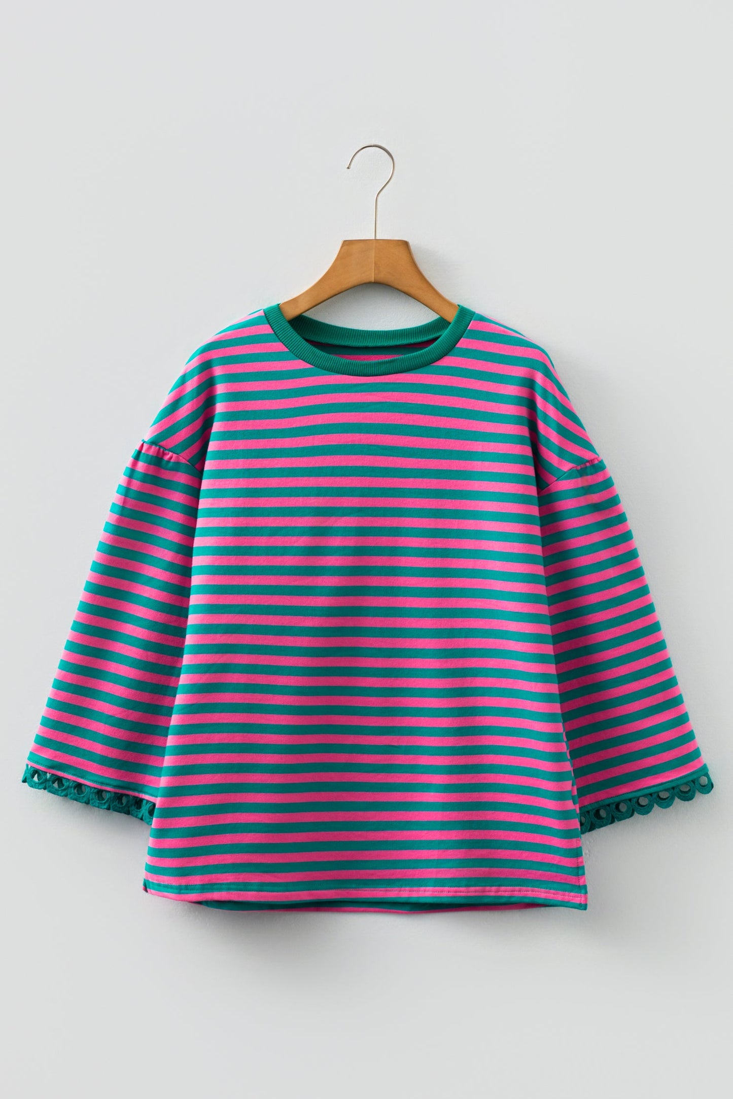 Stripe Lace Trim 3/4 Sleeve Top