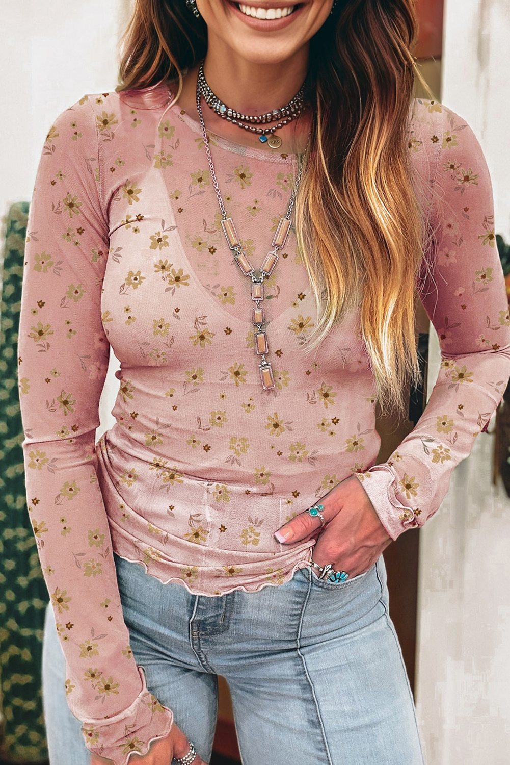 Floral Mesh Long Sleeve Top