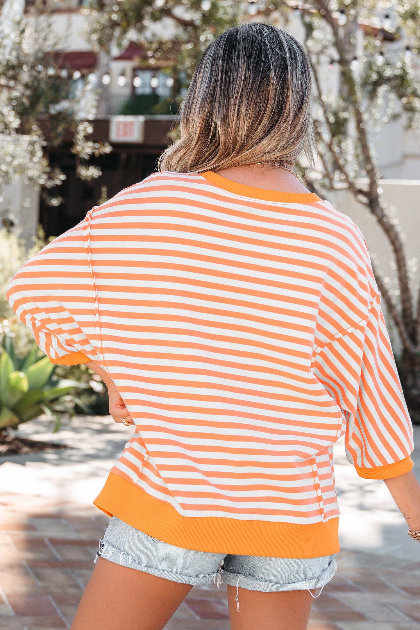 Stripe 3/4 Sleeve Exposed Seam Pullover Top