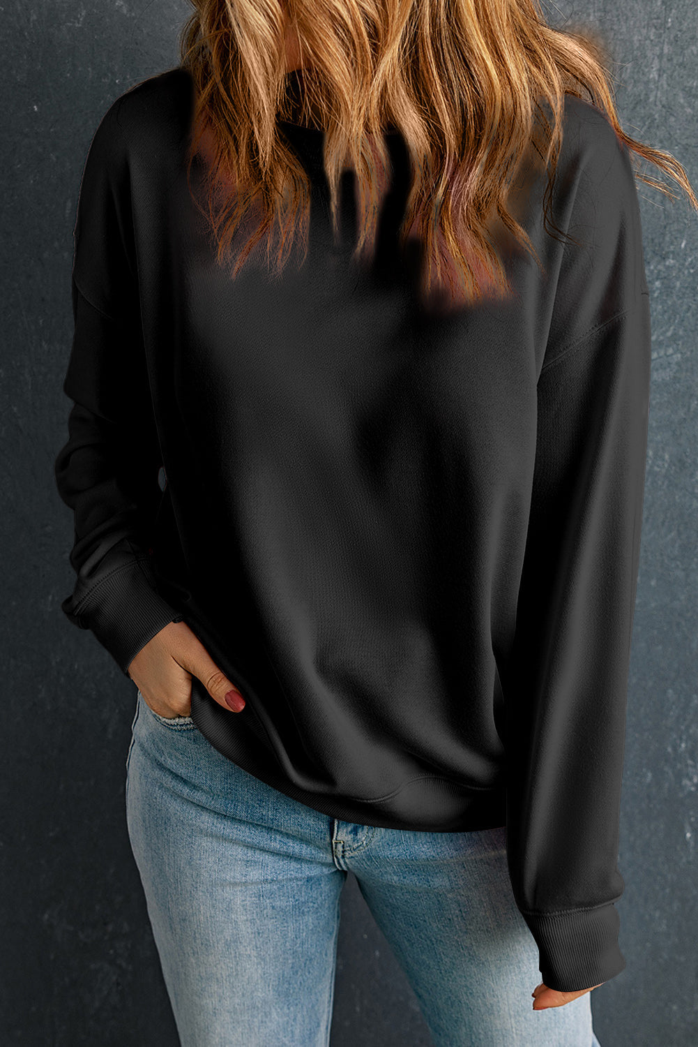 Solid Drop Shoulder Crewneck Pullover Sweatshirt