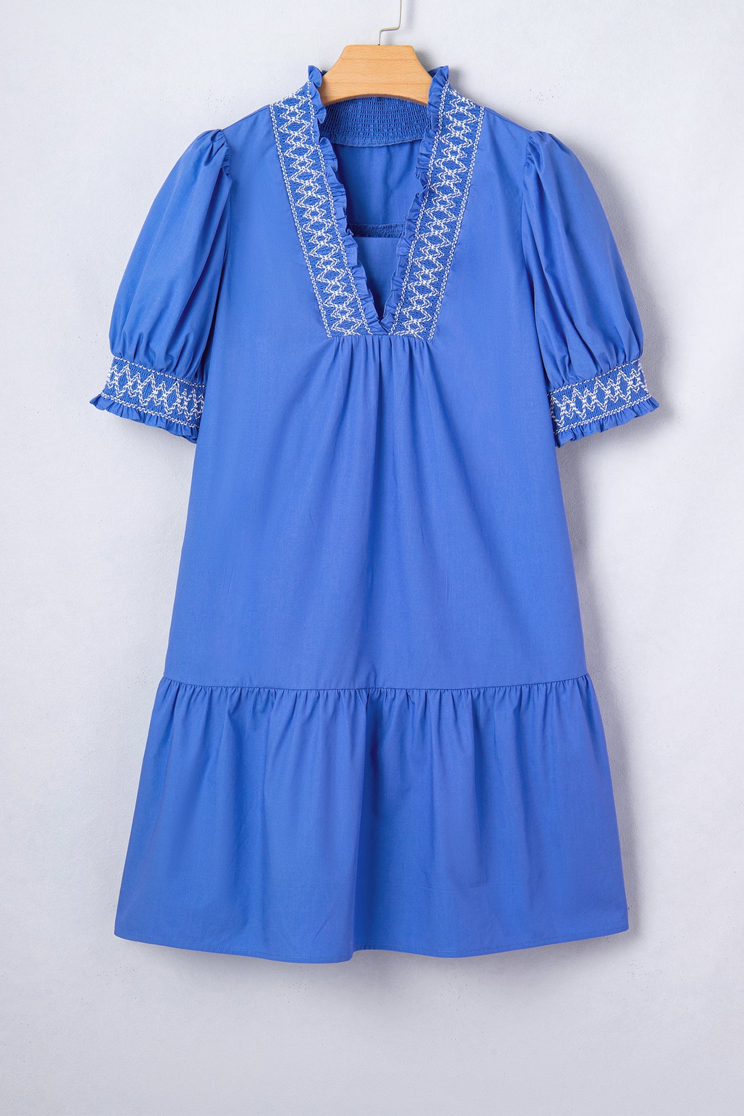 Embroidered Smock V-Neck Puff Sleeve Mini Dress