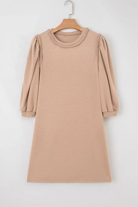 Solid Braided Trim Puff Sleeve Dress