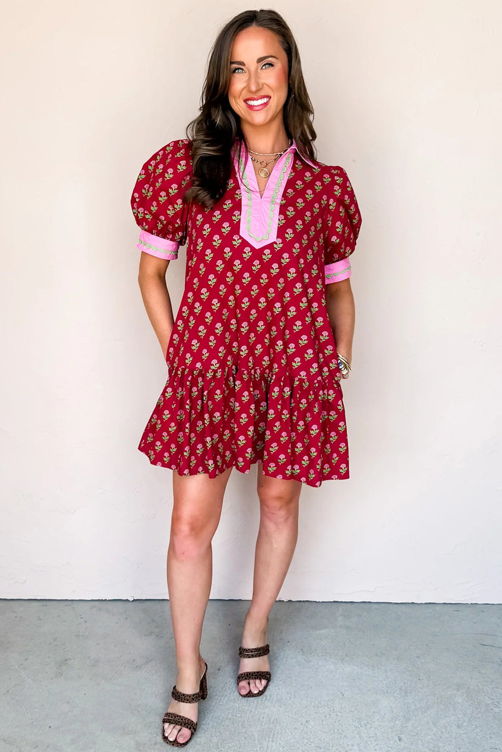 Floral V-Neck Short Bubble Sleeve Mini Dress