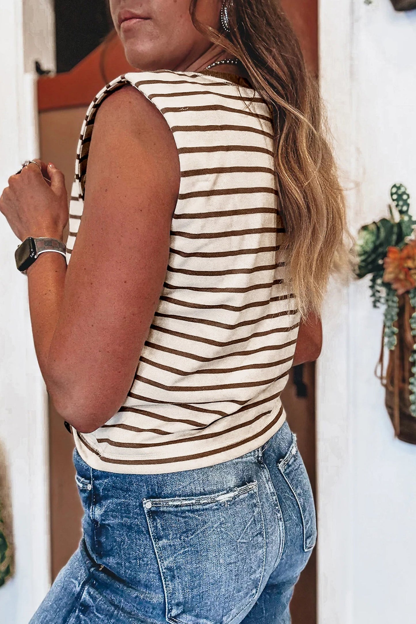 Stripe Ribbed Trim Round Neck Tank Top