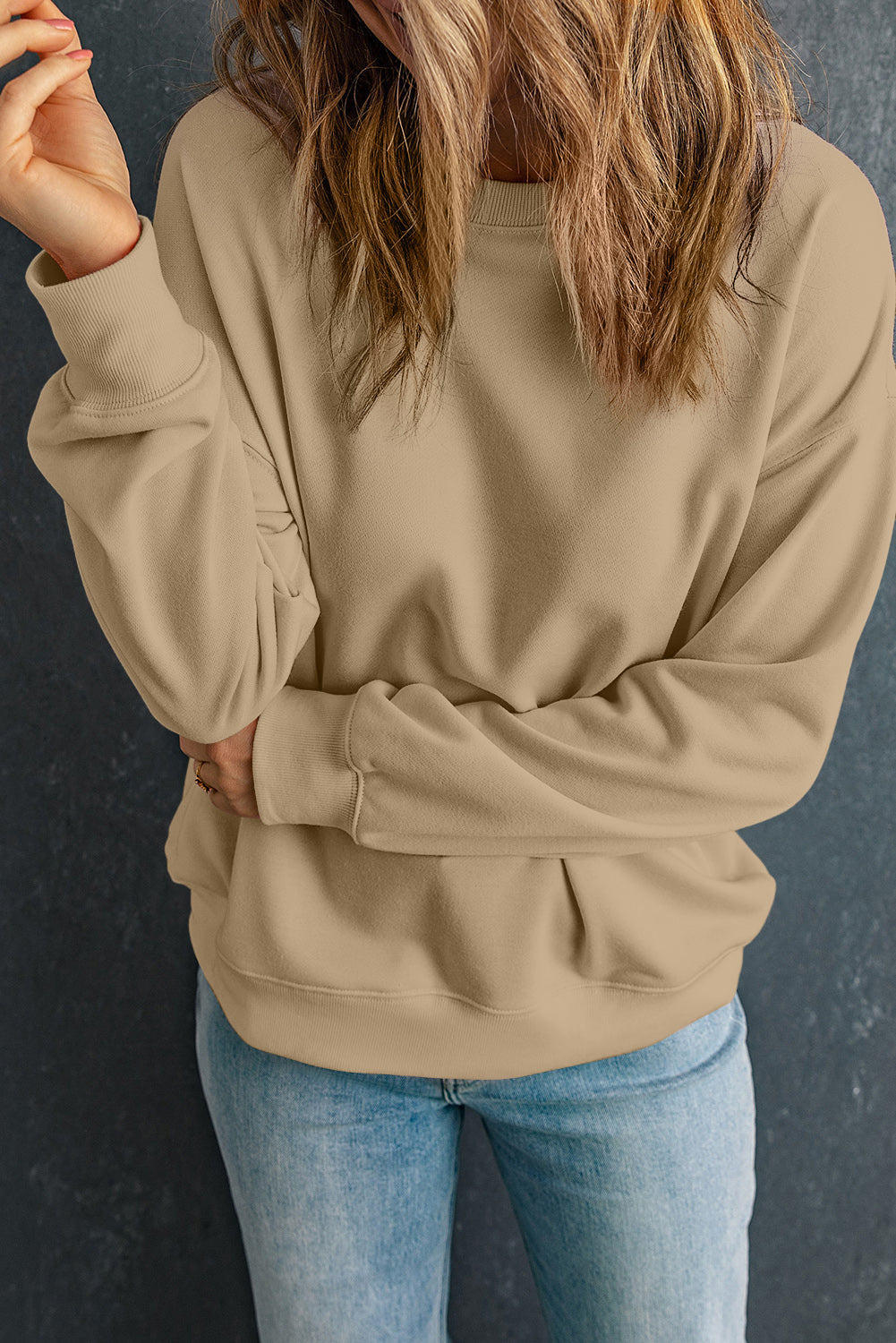 Solid Drop Shoulder Crewneck Pullover Sweatshirt