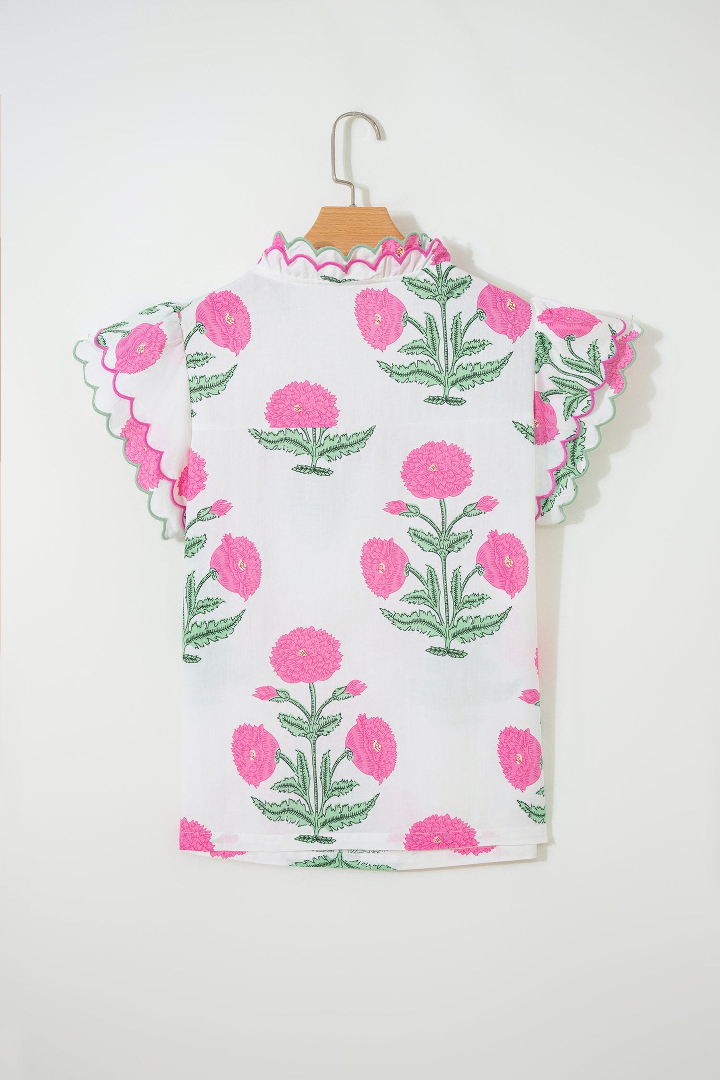 Wild Flower Contrast Trim Scallop Short Sleeve Blouse