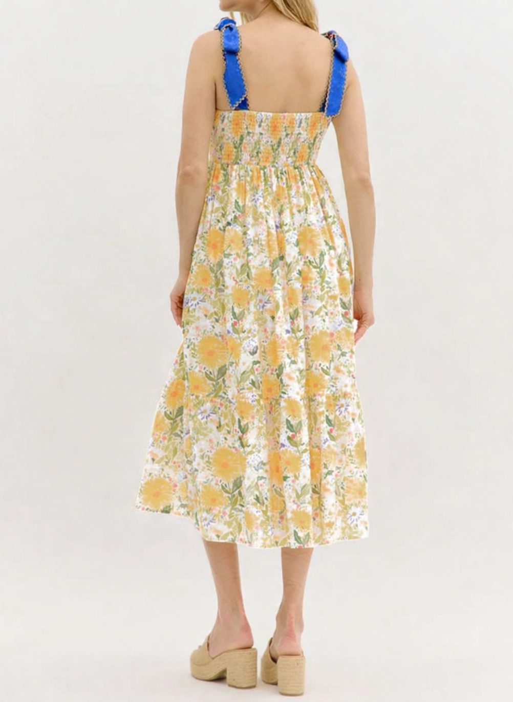 Floral Denim Tie Strap High Waist Maxi Dress