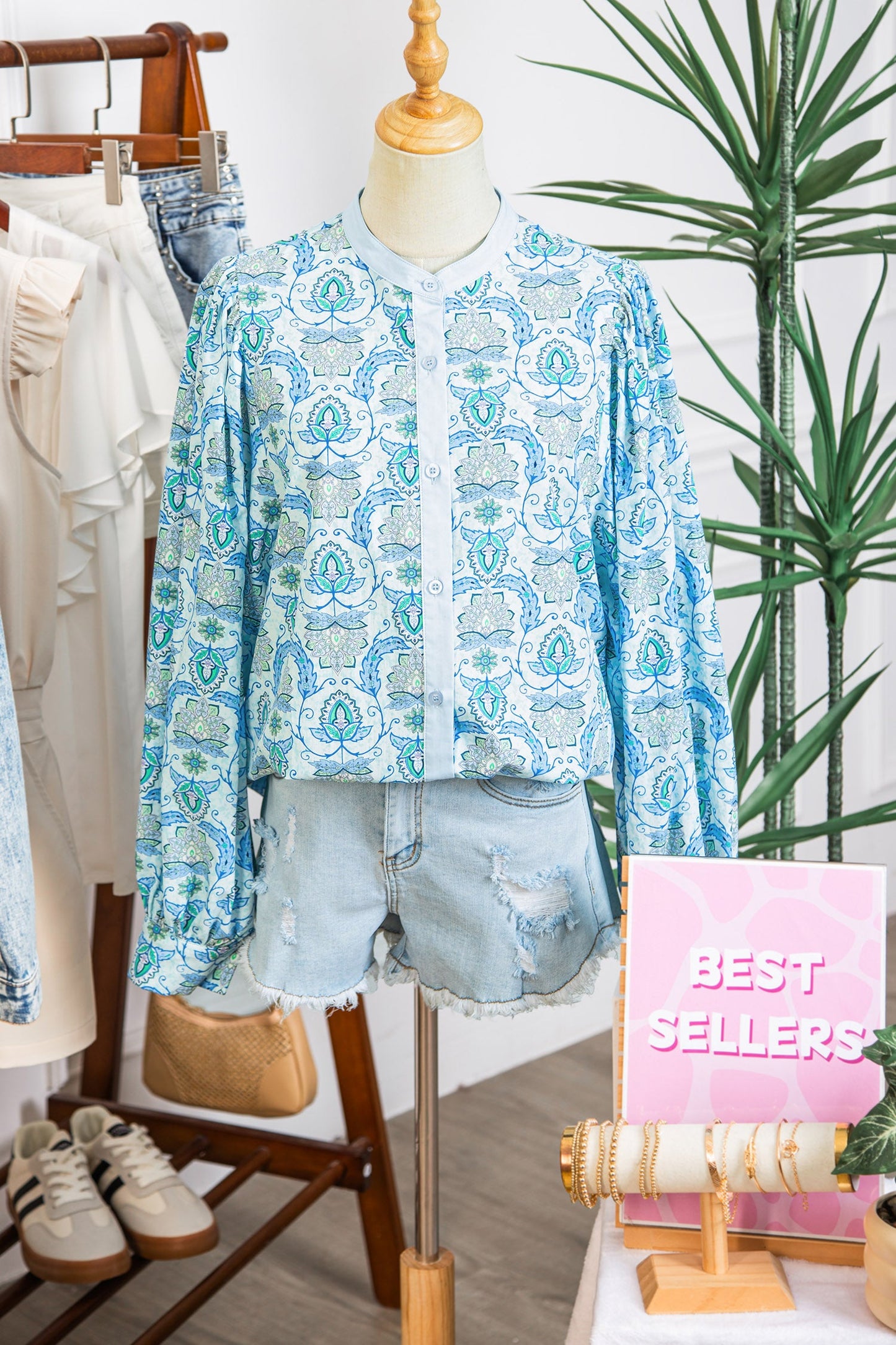 Paisley Long Puff Sleeve Buttoned Shirt
