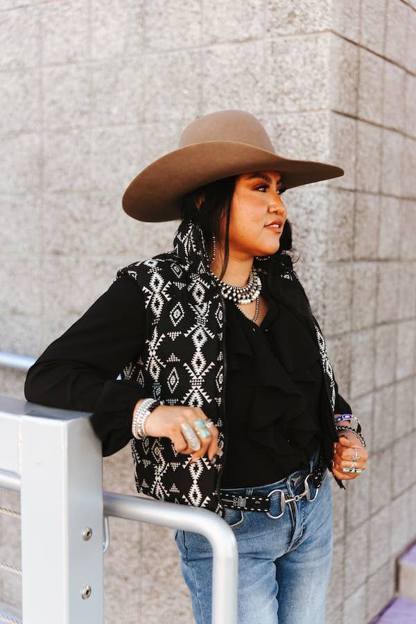Plus Size Black Aztec Woven Zip-Up Sleeveless Puffer Vest