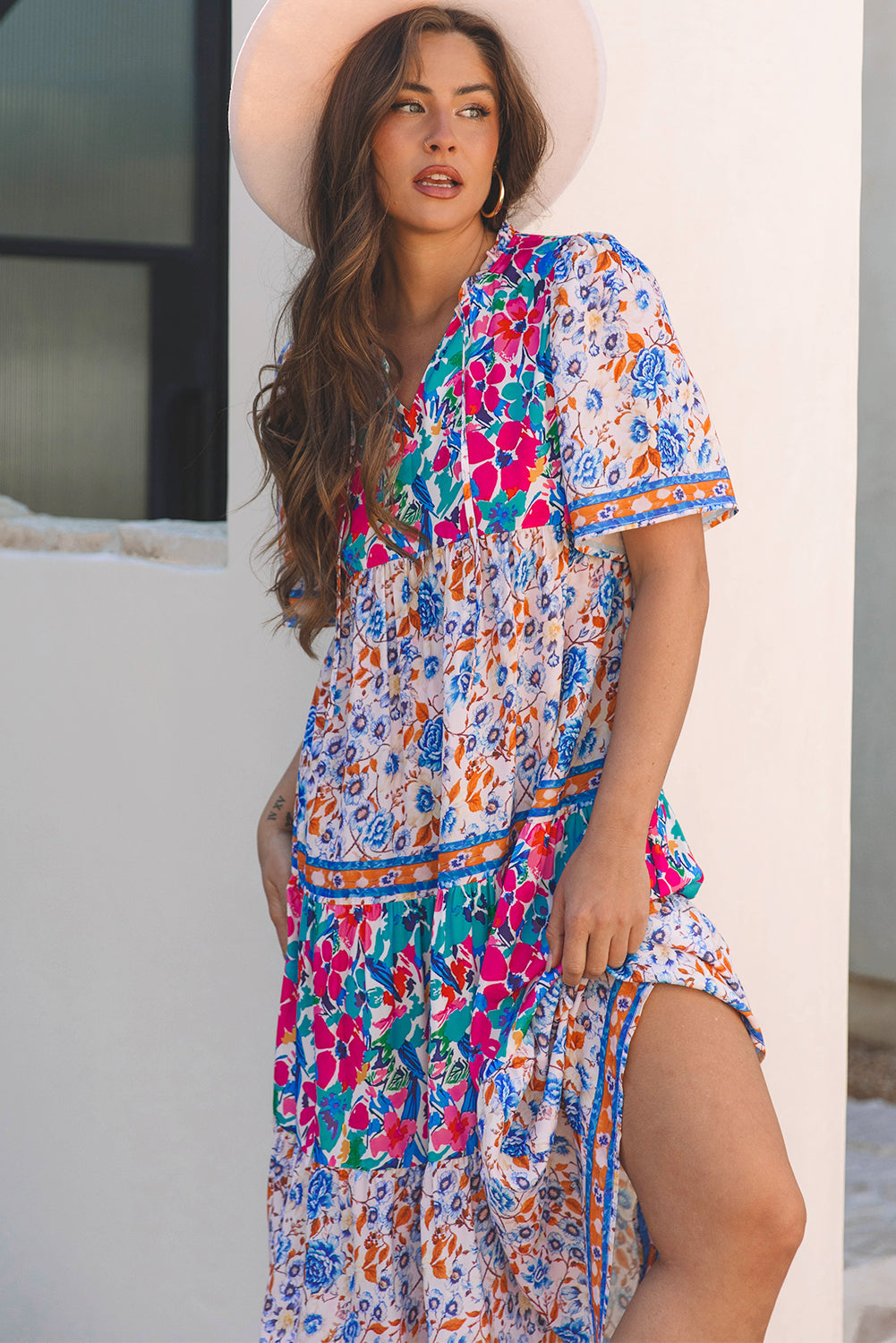 Floral Tie Split Neck Short Sleeve Dress