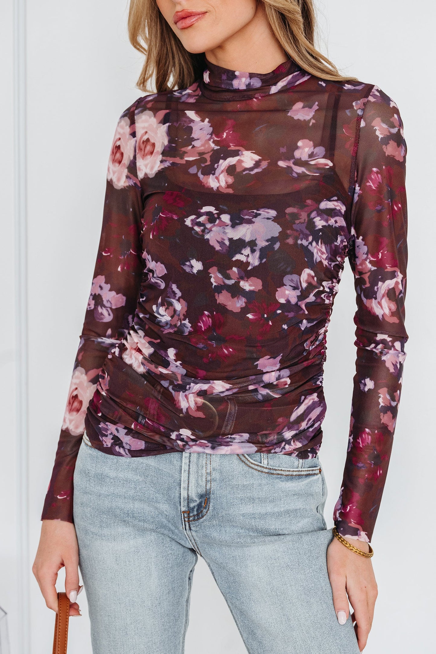 Floral Mesh Turtleneck Long Sleeve Ruched Top