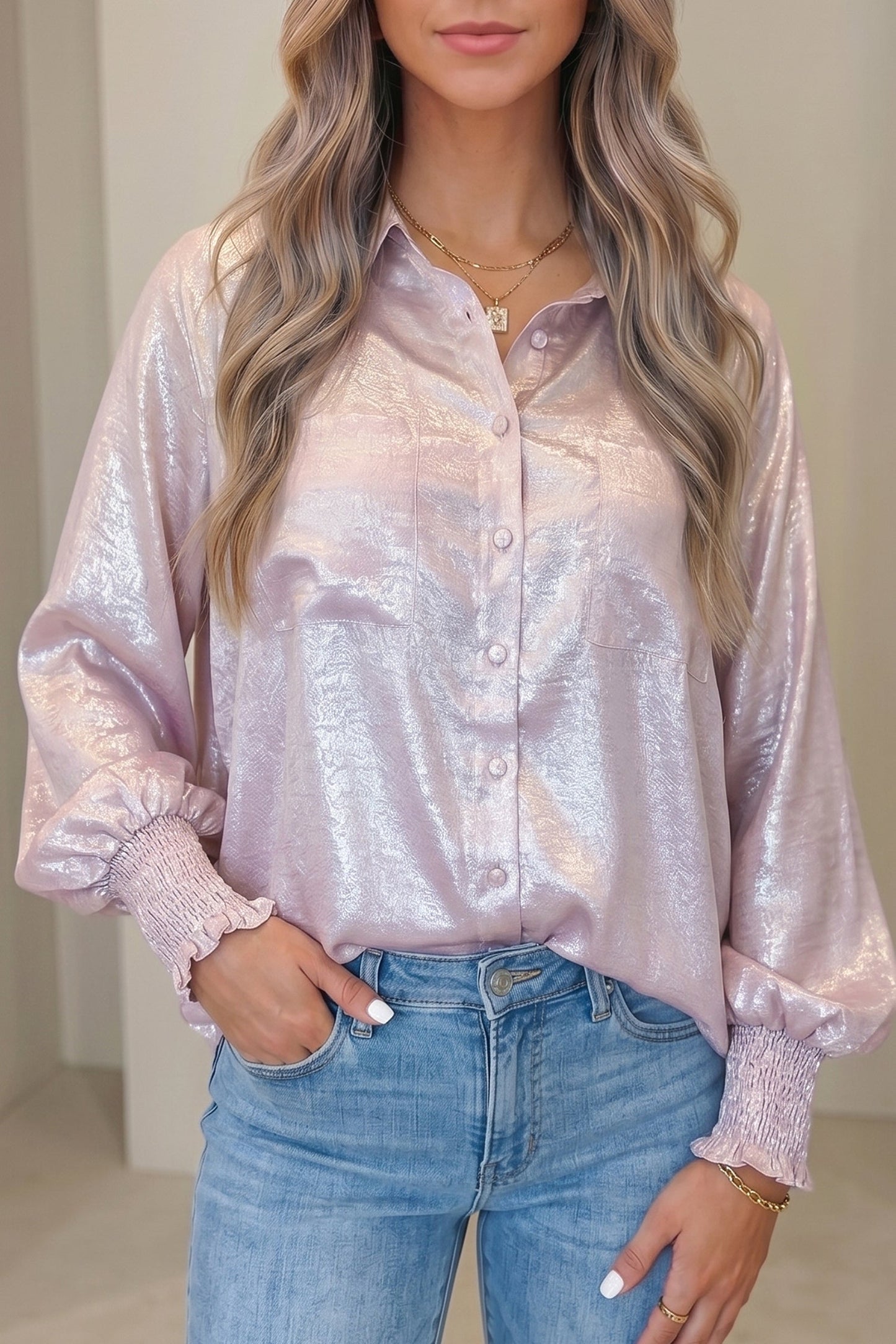 Ruffle Cuff Button Front Back Paneling Long Sleeve Shirt