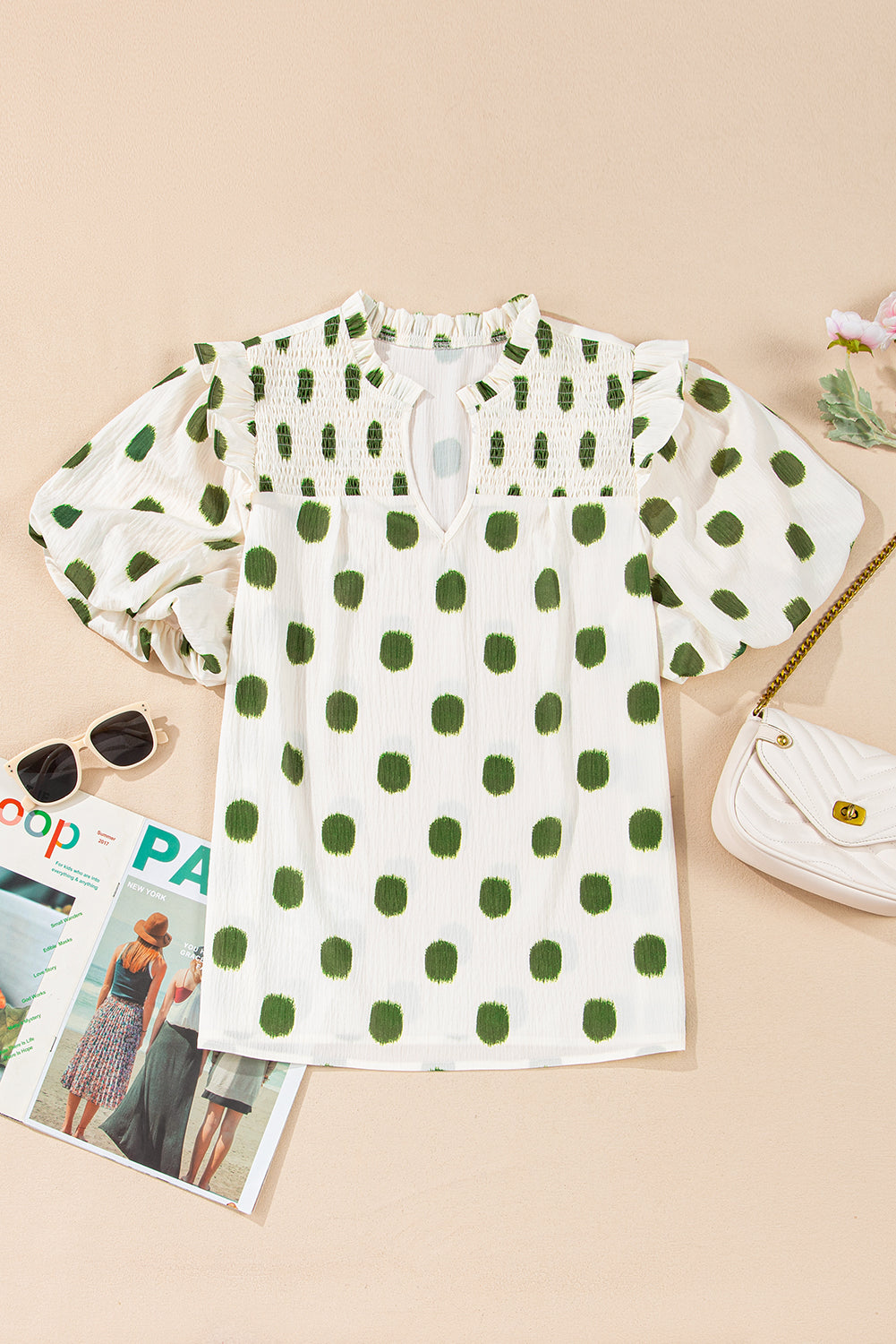 Polka Dot Shirred Notched Neck Balloon Sleeve Blouse