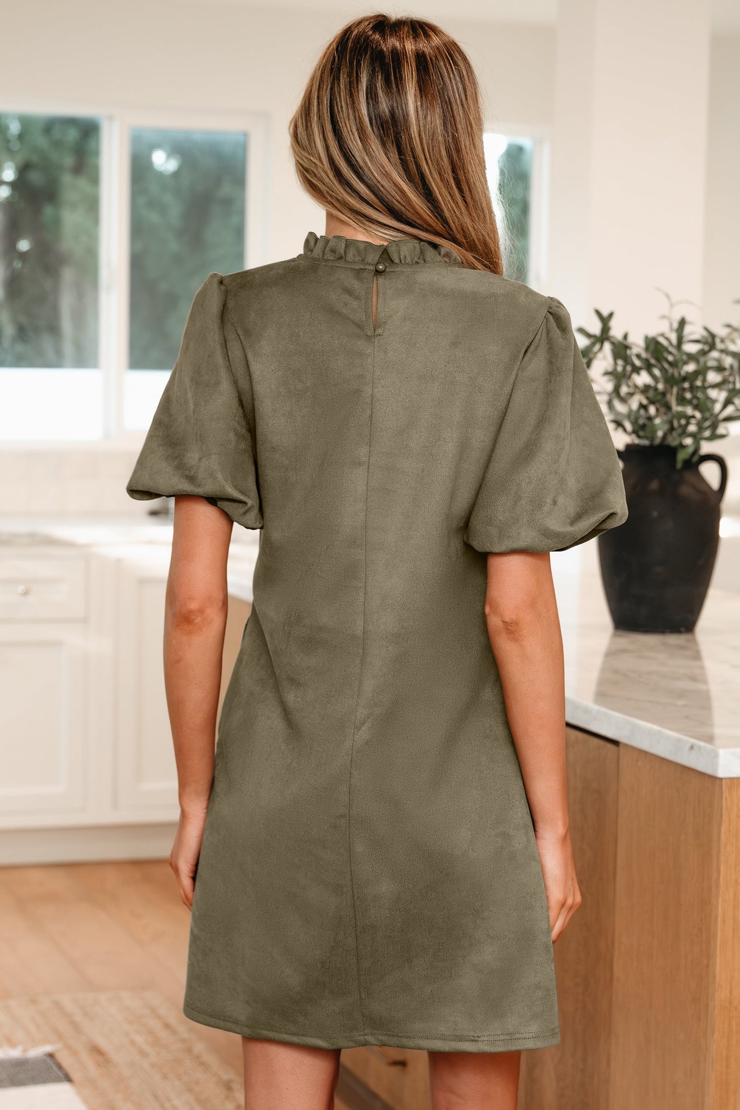 Frilled Round Neck Puff Sleeve Mini Dress