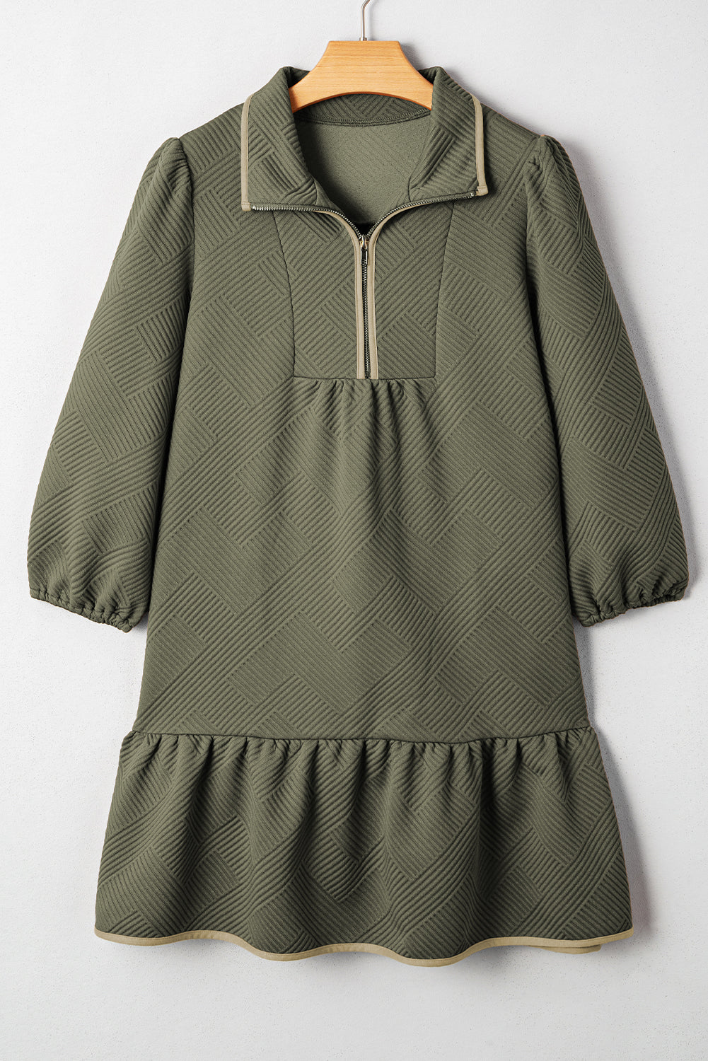 Textured Quarter Zip Collar 3/4 Sleeve Mini Dress