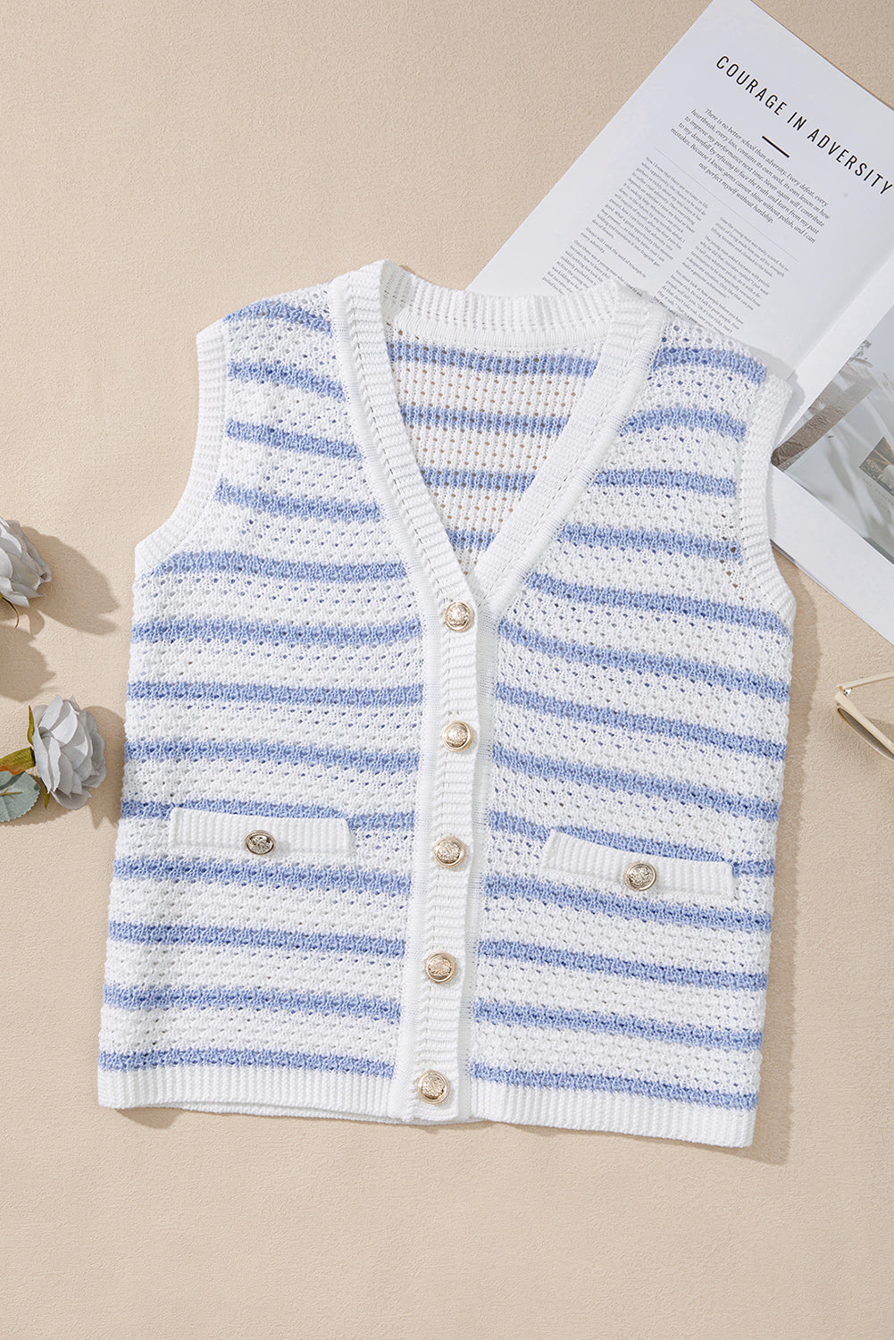 Stripe V-Neck Gold Button Sweater Top